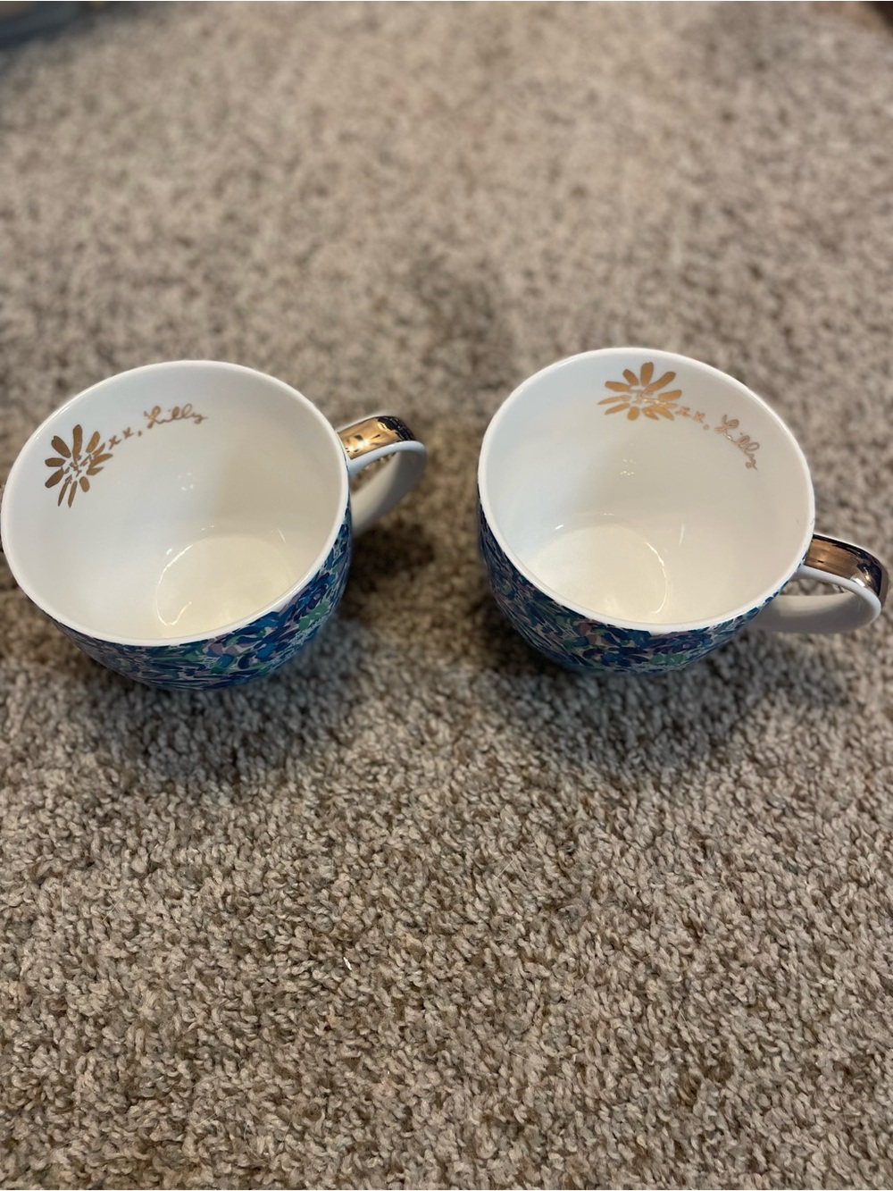 Lilly Pulitzer Blue Floral Ceramic Mugs with Gold Trim - Set of 2